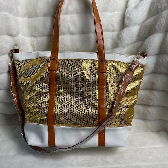 J Francis gold sequins with white and tan faux leather trims tote/shoulder bag. - Picture 2 of 10